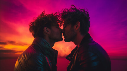 Two gay guys kissing facing each other on a synthwave colors sunset with hair blowing in the wind