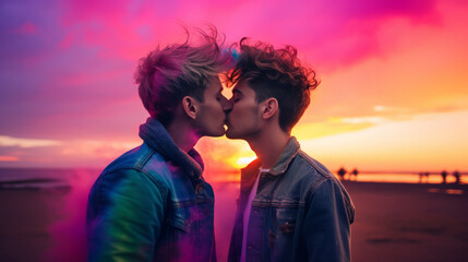 Two gay guys kissing facing each other on a synthwave colors sunset with hair blowing in the wind - obrazy, fototapety, plakaty
