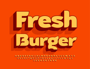 Vector bright flyer Fresh Burger. 3D Orange Font. Artistic Alphabet Letters, Numbers and Symbols