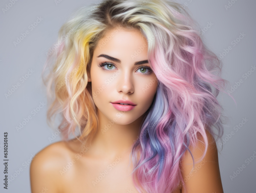 Wall mural Beautiful caucasian woman portrait , clean face, colorful multicolor hair , simple background