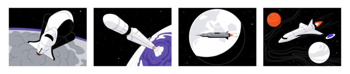 Rocket launch in the space set. Spaceship in cosmos between stars and planets. Start shuttle for discovery galaxy, universes, mars. Spacecraft on the background of the moon. Flat vector illustration