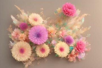 Floral Decor Card. Coloured flowers and decor feathers on gradient pastel background. Generative-AI.