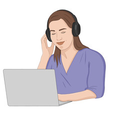 Illustration of a brunette woman in front of her computer with headphones, isolated character