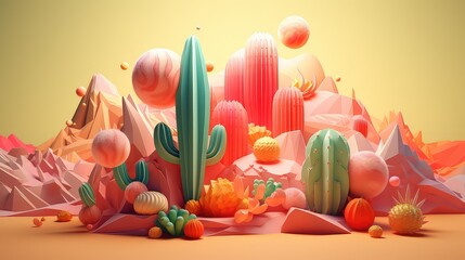 Summer background 3d render with various and colorful object