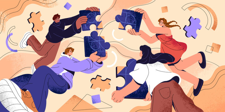 Teamwork, team building concept. People connect pieces of puzzle together, men and women make corporate business goal, success solution in collaboration, create unity company. Flat vector illustration