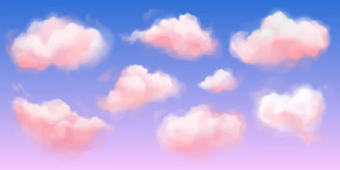 Zelfklevend Fotobehang Fantasy pink cloud in sky pastel vector background. Abstract 3d candy fluffy texture with gradient. Fairy paradise realistic soft cloudy sunset landscape. Sweet dream illustration painting design © klyaksun