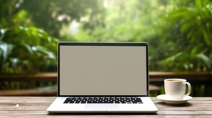 Fototapeta premium Empty screen laptop mockup with a cup coffee on green tree background