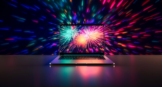 Fototapeta open laptop with fireworks display, new year and celebration concept, copy space 