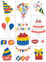 Graphic poster for birthday, festive event, anniversary party. An original greeting card with colorful decorative elements, symbols of holiday, celebration. Trendy flat vector illustration on white