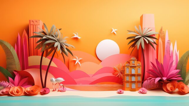 Summer background 3d render with various and colorful object