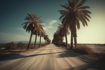 The empty road surrounded by tall palm trees on both sides creates a beautiful and exotic scenery.