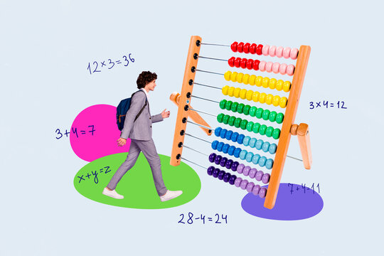 Creative collage picture of mini walking boy carry rucksack big abacus bead calculator maths count equation isolated on grey background