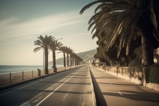 The road along the picturesque embankment with palm trees and a quiet bike path.