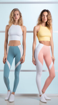 Young active woman wearing colorful leggings and tight crop top sports bra