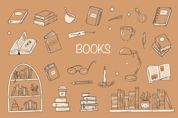 Set of books doodles, cartoon elements, clip art, stationary, stickers. Hand drawn objects isolated on brown craft paper background. EPS 10 © Натали Осипова