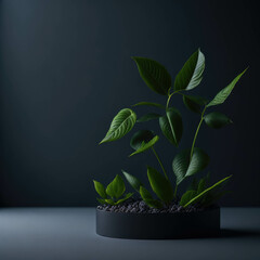 Stylish Table Top Counter With Green Plant In Pot, Fresh Background Design For Product Display, Generative AI