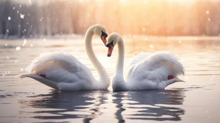 Tafelkleed A pair of swans are dancing on the lake. They lean on each other. Their feathers are as white as snow. They look very elegant against the lake. © Keitma