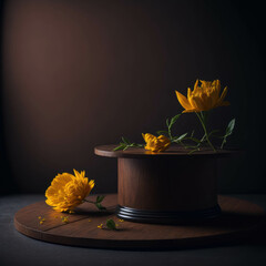 Stylish  Wooden Round Podium Top Counter Table, Rustic  Flowers Background Design For Product Display, Generative AI