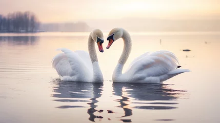 Foto op Aluminium A pair of swans are dancing on the lake. They lean on each other. Their feathers are as white as snow. They look very elegant against the lake. © Keitma