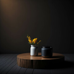 Stylish  Wooden Round Podium Top Counter Table, Rustic Background Design For Product Display, Generative AI