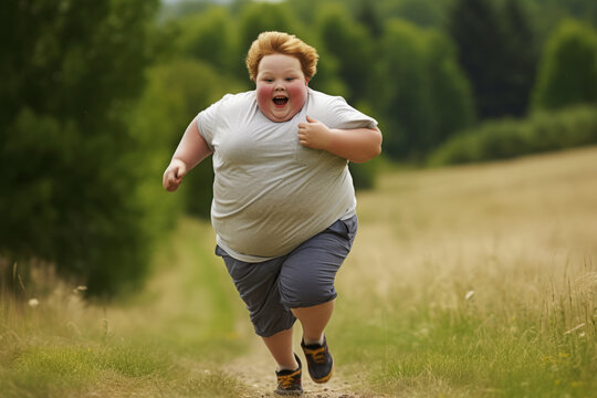 Overweight ginger boy is running in middle of green meadow
