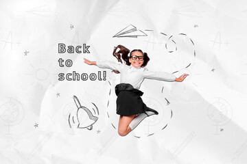 Collage of funky small girl flying ring bell back to school have fun positive first september...