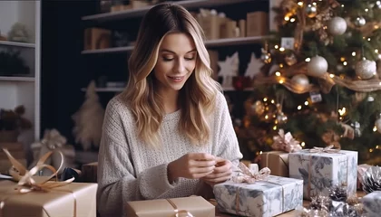 Fotobehang Cheerful girl wrapping Christmas presents, holiday gift wrapping, festive packaging © gfx_nazim