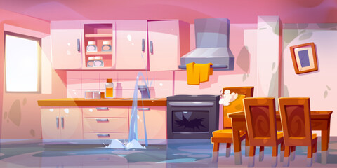 Broken flood kitchen room cartoon vector interior. Pipe leak in abandoned messy flat with sink, dining table, cooker and cupboard. Disaster in rustic apartment with mold on wall and leakage problem