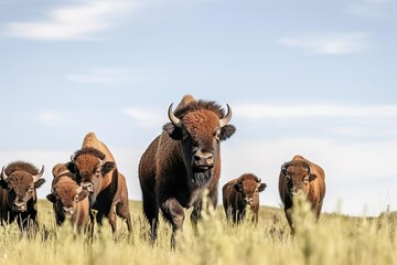 American bison herd with baby grazing