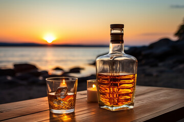 Bottle and glass of Whisky on a table with beach sea and sunset in background