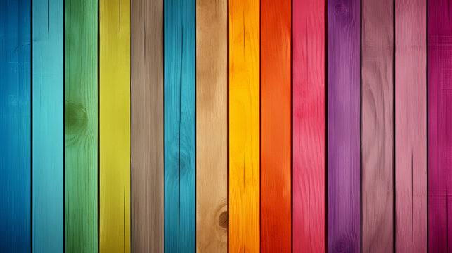 Colorful wooden background with vertical wooden slat of different bright colors and copy space