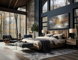 The interior of the bedroom is elegant minimalist with domination of black combined with white, gray and light wood brown. 3d interior design.