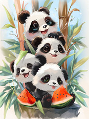 Four pandas and a watermelon