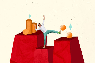 Artwork collage image of overjoyed mini guy rejoice big pile stack money coins growing arrow...