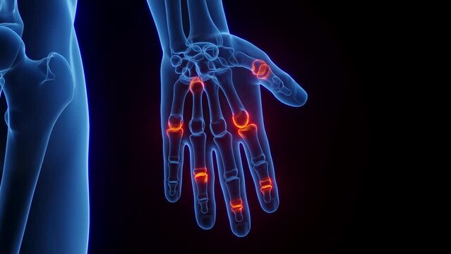 Animation of male skeleton with inflamed hand