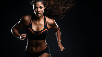 A strong athletic, woman sprinter, running on black background wearing in the sportswear, fitness and sport motivation concept - obrazy, fototapety, plakaty