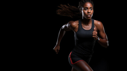 A strong athletic, woman sprinter, running on black background wearing in the sportswear, fitness...