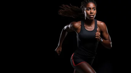 Zelfklevend Fotobehang A strong athletic, woman sprinter, running on black background wearing in the sportswear, fitness and sport motivation concept © Keitma