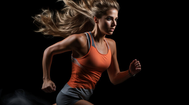 A strong athletic, female sprinter, running at sunrise wearing in