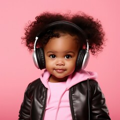 Funny baby african with headphones listening to music on the pink background. Generative ai.