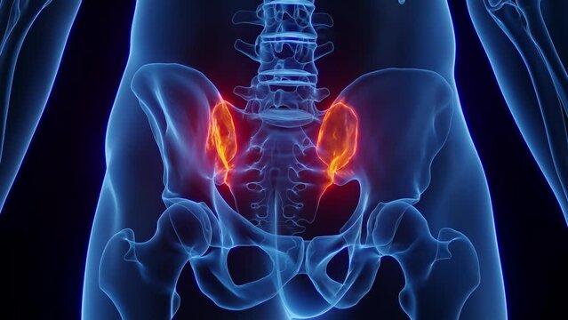Animation of inflammation of a man's sacroiliac joints