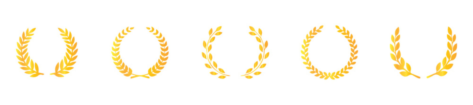 Set black silhouette circular laurel foliate, wheat and oak wreaths depicting an award, achievement, heraldry, nobility on white background. Emblem floral greek branch flat style. Vector Illustration.