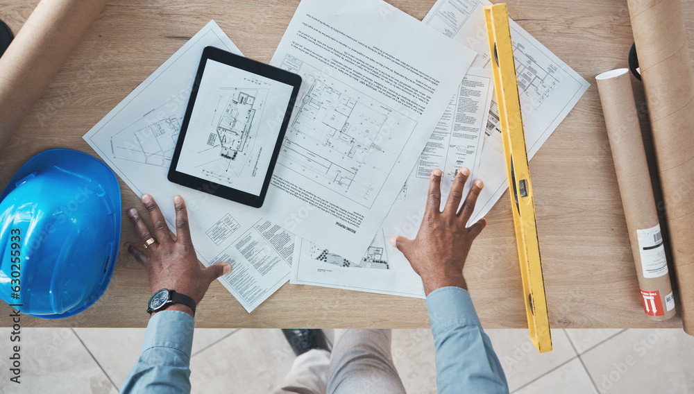 Aufkleber architecture, person hands and blueprint planning, construction design and renovation on desk above.
