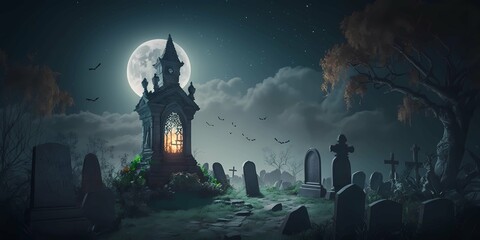 Spooky and scary night in the old mysterious cemetery full of graves. Generative AI