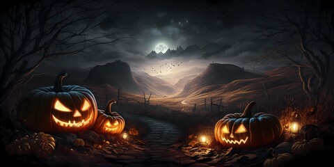 Spooky Autumn Halloween Celebration with Multiple Creepy Terrifying Orange Pumpkins in a Dark Misterious Night. Generative AI