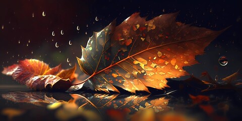 Wet autumn leaves on the ground on a rainy October day. Generative AI