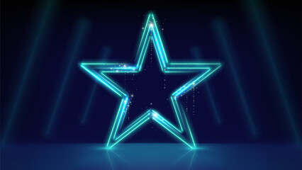 Neon star on blue background. Glowing led stars. Stage. Sparkling neon star, led lines. Stage light, backdrop for displaying products, montage. Awards ceremony. Vector illustration
