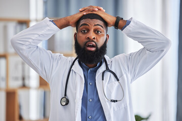 Black man, portrait and shocked doctor in hospital after announcement, gossip or bad news. Omg, wow...