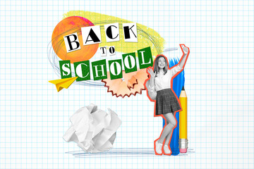 Collage of happy black white colors girl smart phone make selfie arm waving back to school paper plane isolated on checkered copybook background