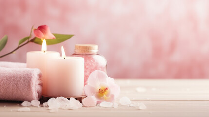 Fototapeta na wymiar Beauty treatment items for spa procedures on pink wooden table and gold marble wall. massage stones, essential oils and sea salt. candle, rolled up white towel, plants, copy space